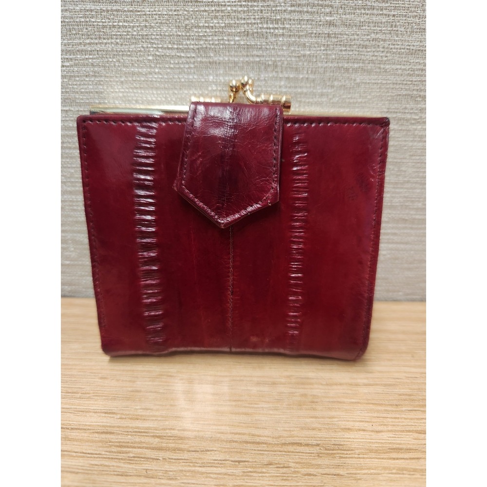 Vtg Eel Skin Kiss Lock Bi-Fold Wallet Women's Coin Compartment Purse OxBlood Red